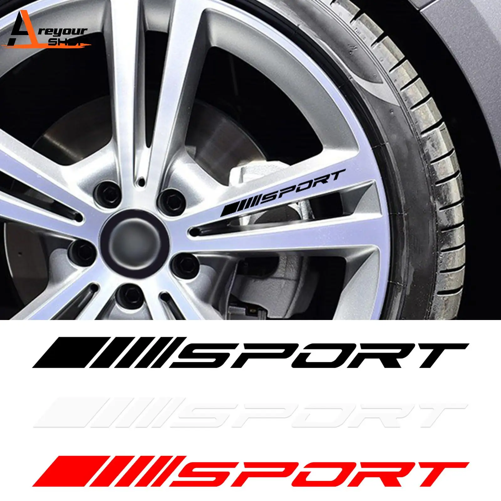 Areyourshop 4Pcs SPORT Style Car Rims Wheel Hub Racing Sticker Graphic Decal Strip Black