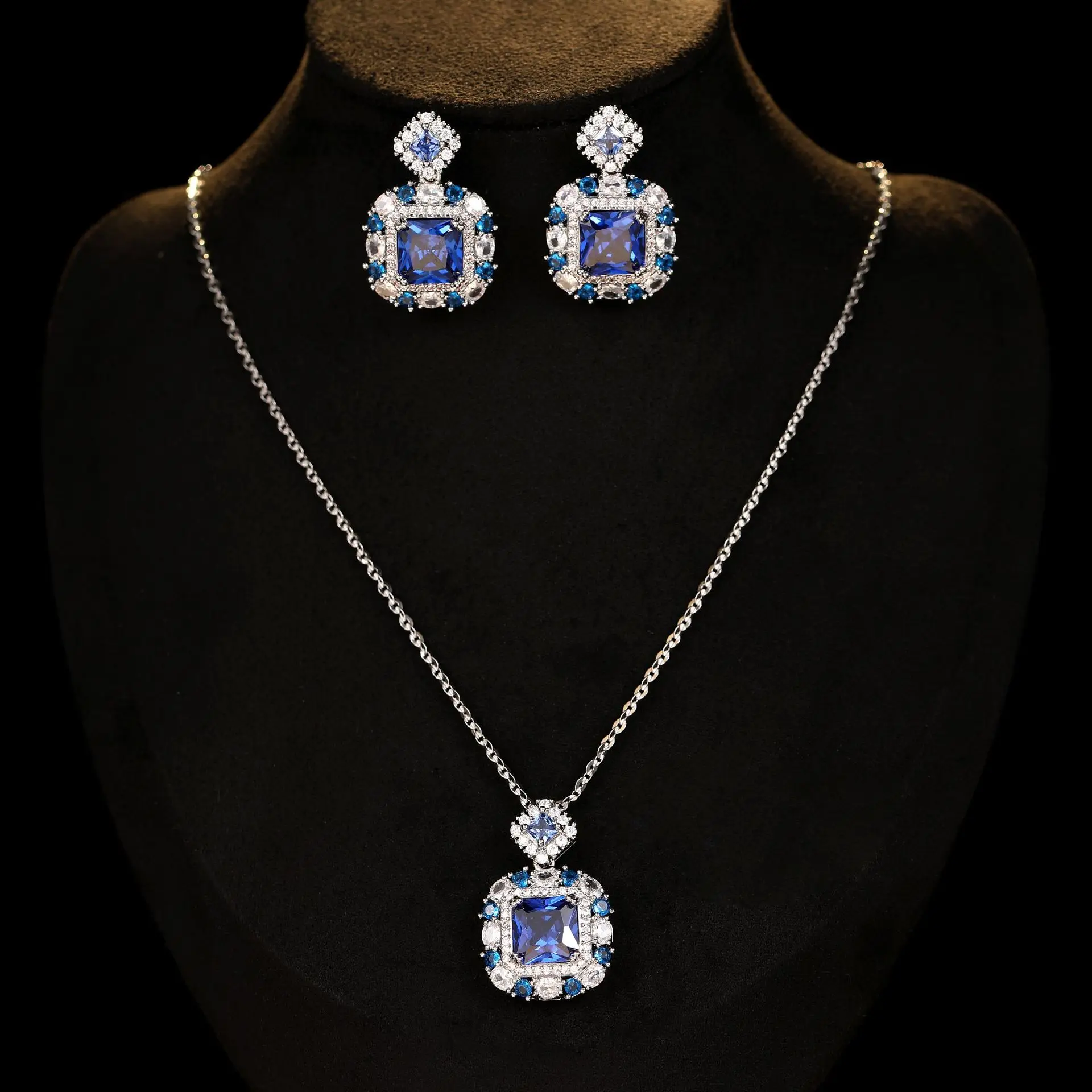 

women jewelry sets cubic zirconia blue pink square block pendant shiny luxury jewelry evening party gift daily wear