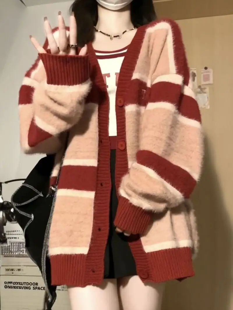 Pull femme chaud tricots manteau printemps rouge couleur bloc tricot portable Midi ample épais Cardigan