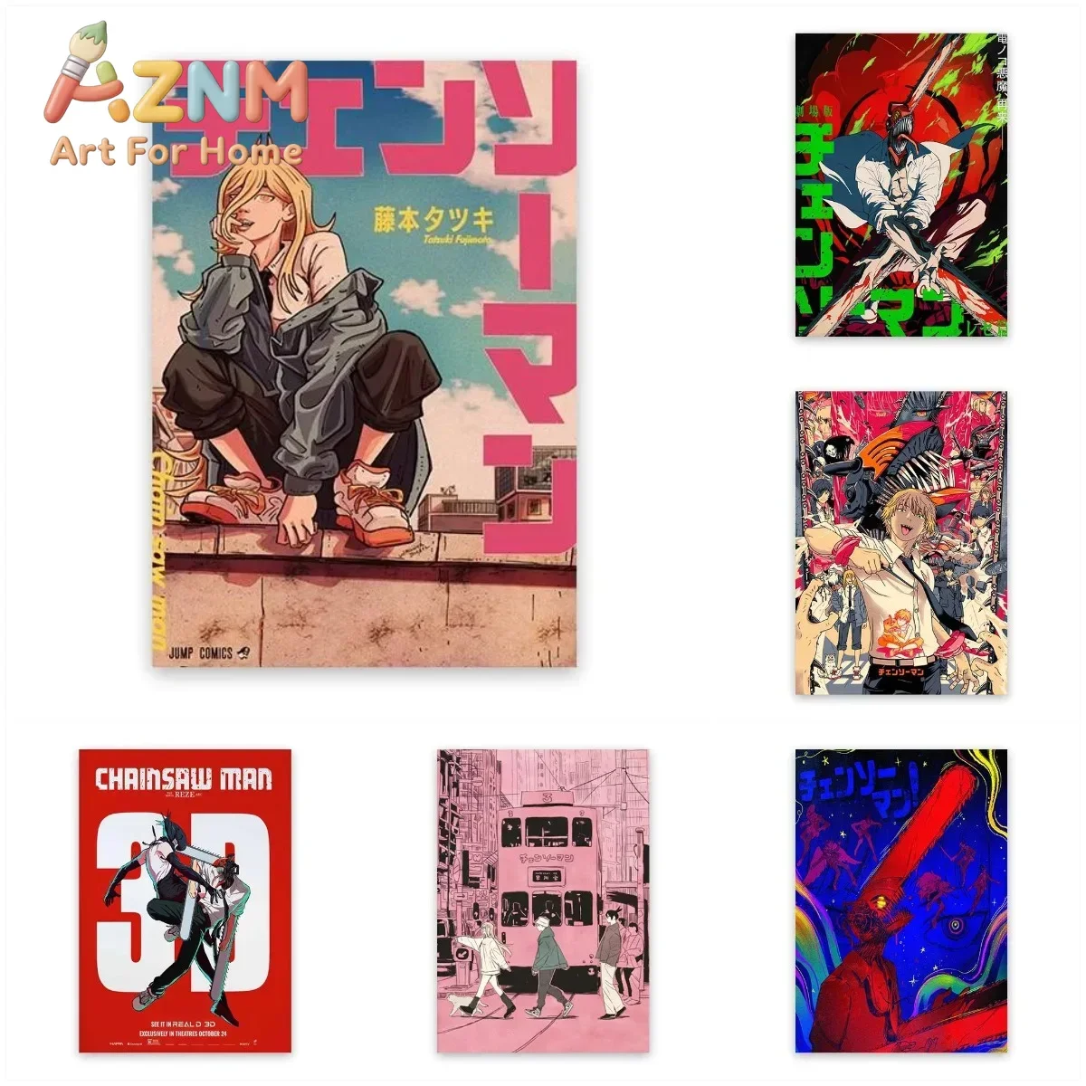 AZNM Chainsaw Man Manga Style Canvas Wall Art Frameless Print Poster for Home Bedroom Living Room Wall Decor