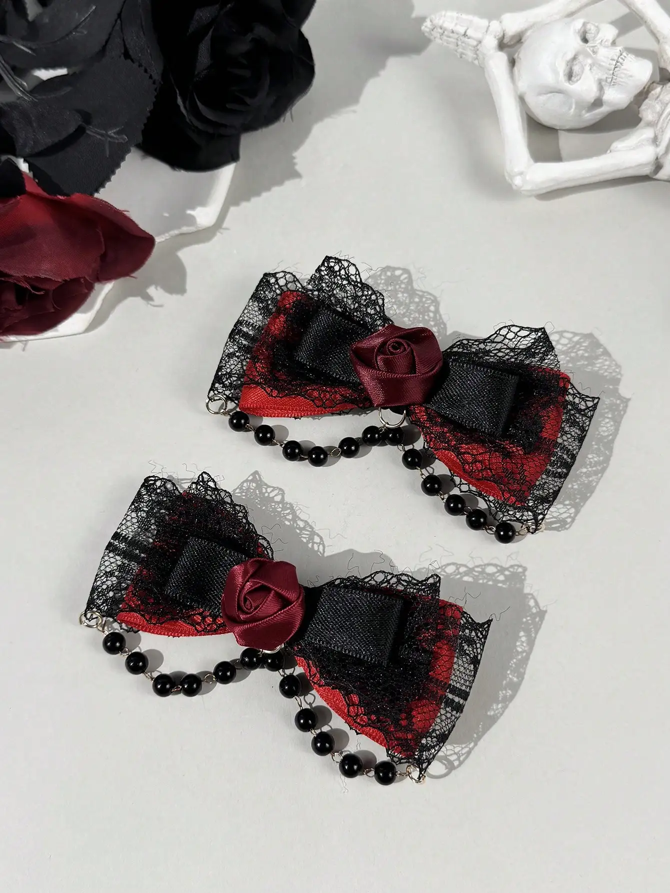 

2-piece Gothic style lace ribbon rose accessory bow women's hair clip, suitable for matching outfits and daily wear