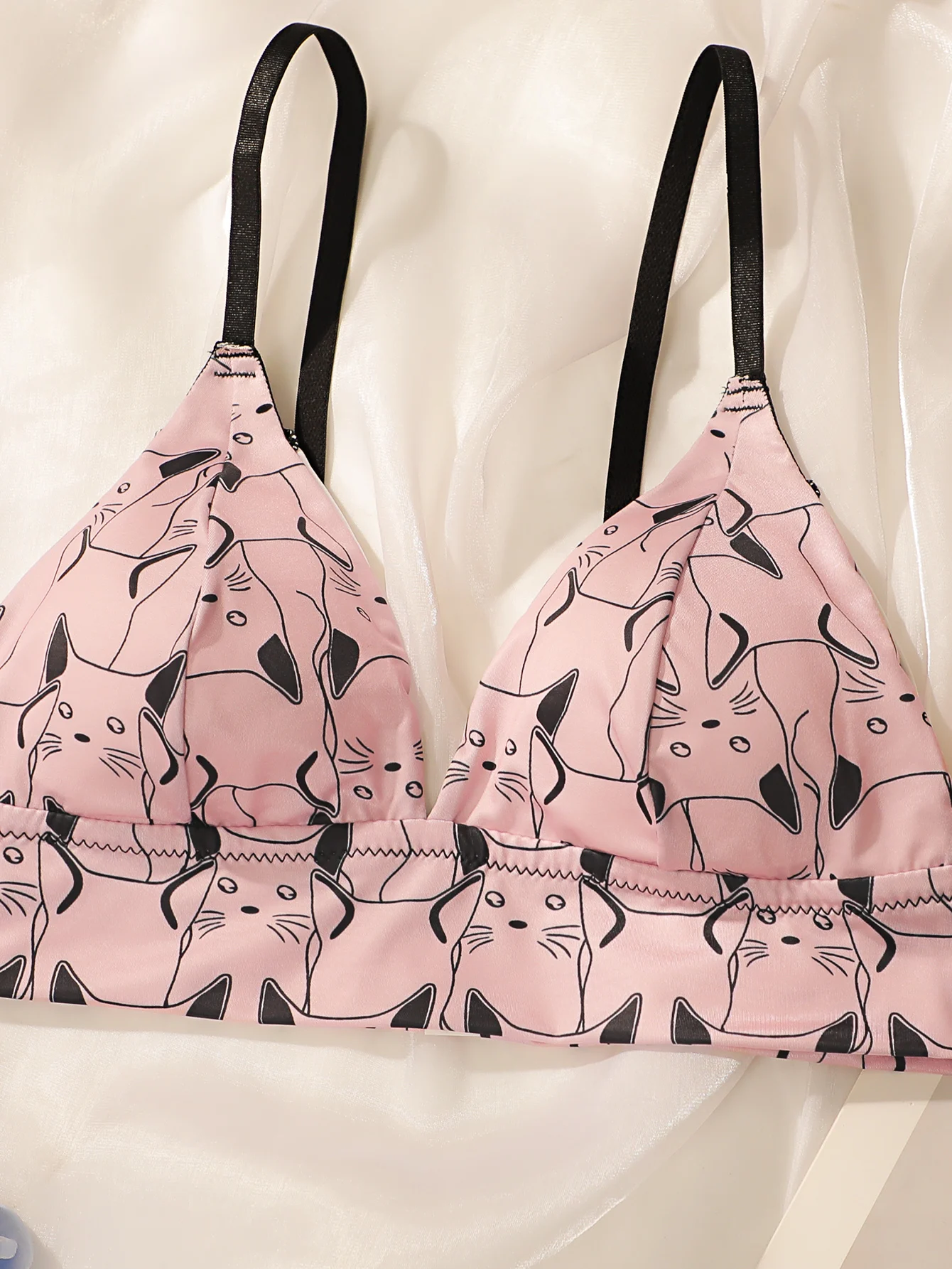 Kawaii Cat Print Triangle Bral - Bralette Wireless Soft 评论和价格