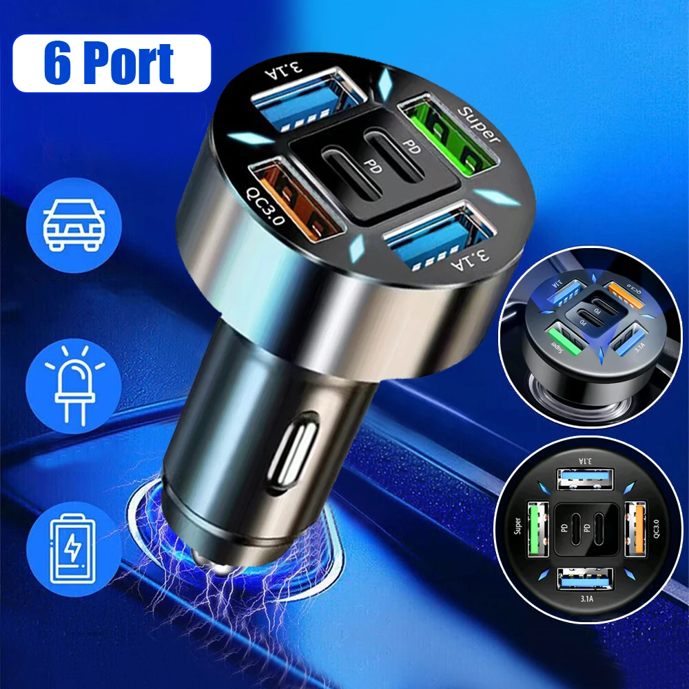 

1pc Universal Car 4USB 2PD Quick Charger Car Multifunctional Charger Car 6 Port Charging Connector Auto Interior Accessories