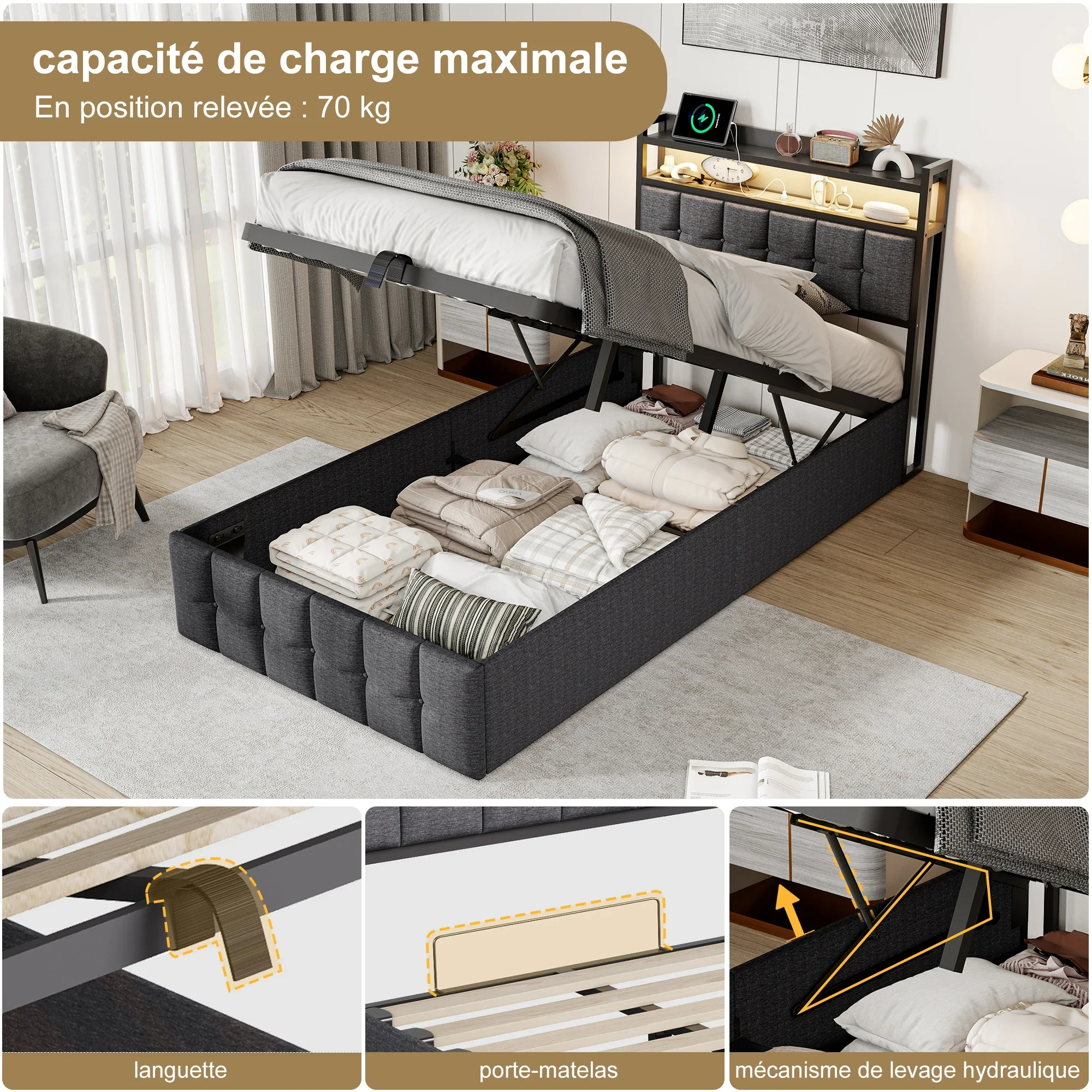 Letto singolo Fangange, dimensioni 90x200 cm, letto imbottito per bambini, letto con contenitore, letto per ragazzi, tessuto in lino delicato sulla pelle, listelli in legno.