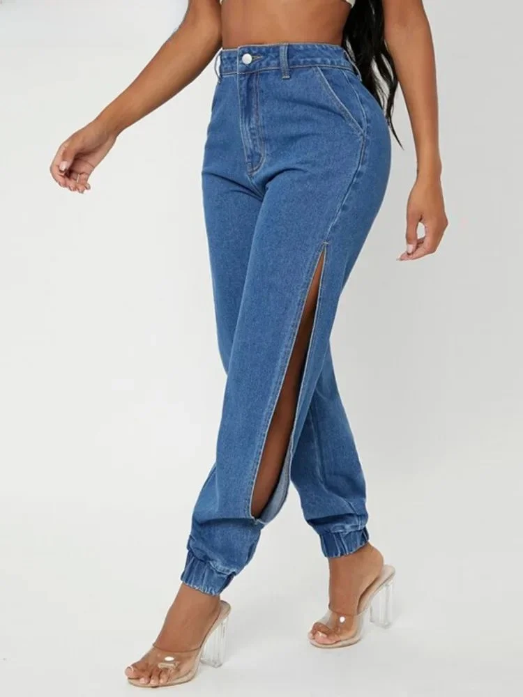 

DenimColab 2023, женские джинсы с разрезом по бокам, свободный крой, осенний сезон, женские джинсовые брюки премиум-класса