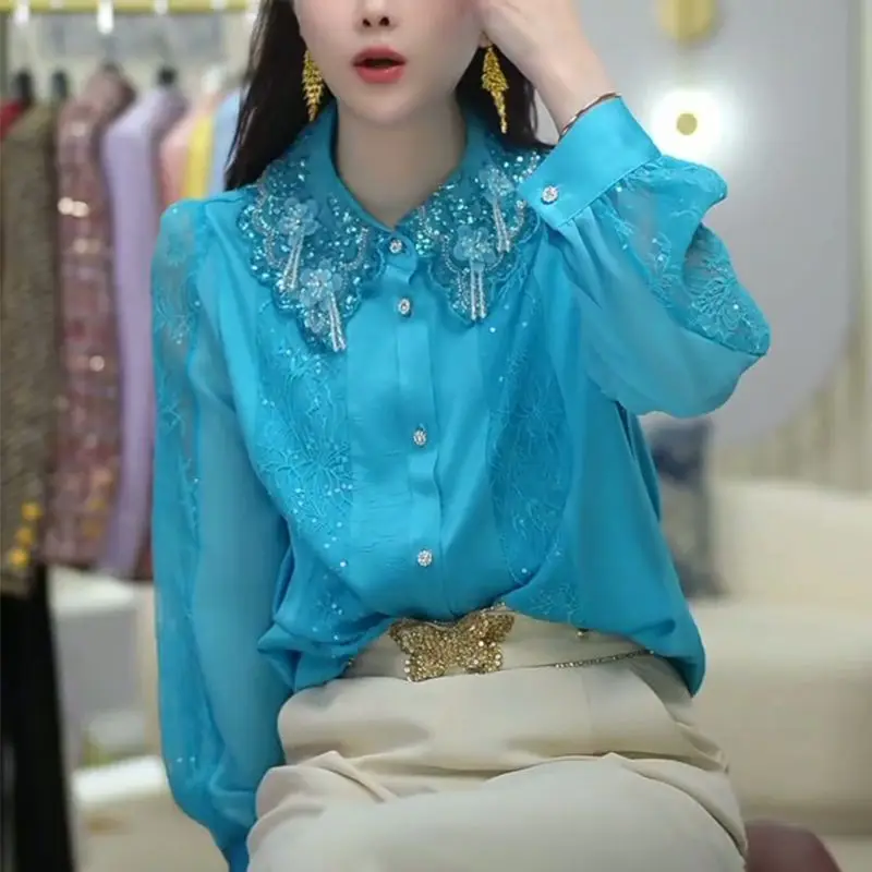 

2025 Heavy Embellished Pearl Sequin Blouse Women Korean Style Lapel Long Sleeve Loose Casual Chic Shirt