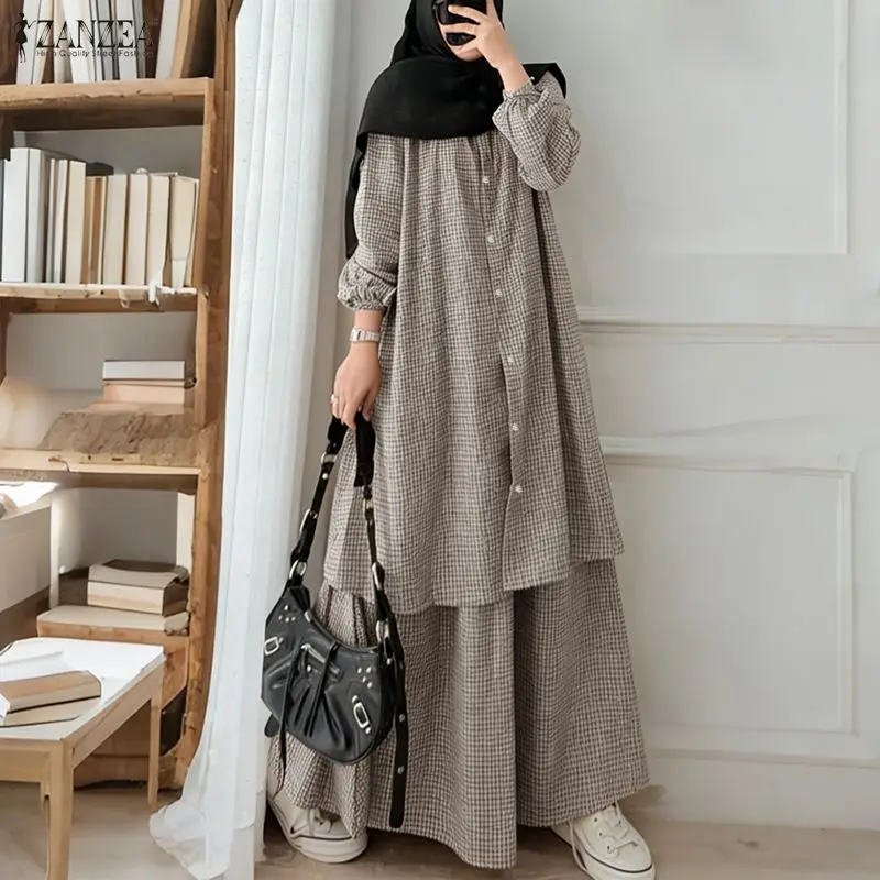 

2026 ZANZEA Muslim Women 2 Pieces Sets Hijab Tracksuit Long Sleeve Tops Kaftan Skirt Oversize Plaid Outfit Long Shirt Dress Suit
