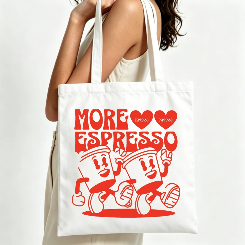 coffee cup graphic canvas tote bag with retro typography print, ideal for daily shopping and casual outings