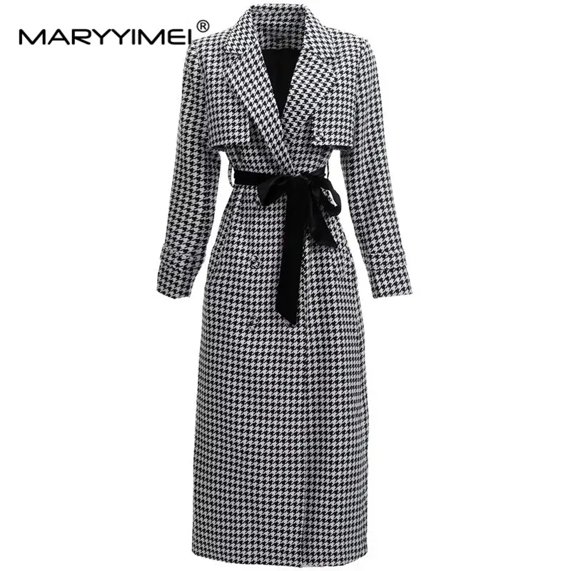 

MARYYIMEI Fashion Designer Autumn Winter Overcoat Women Houndstooth Long sleeve Belted High street Lady Casual Outwear Coat