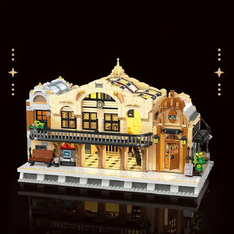 

Children Birthday Gifts 3220pcs MOC Idea City Street View Retro Steam Train Station Building Blocks Bricks Assembling