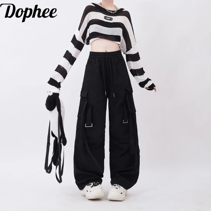 

Dophee Women Casual Cargo Pants American Street Spice Girls Dopamine Big Pockets Elastic Waist Black Straight Dance Trousers