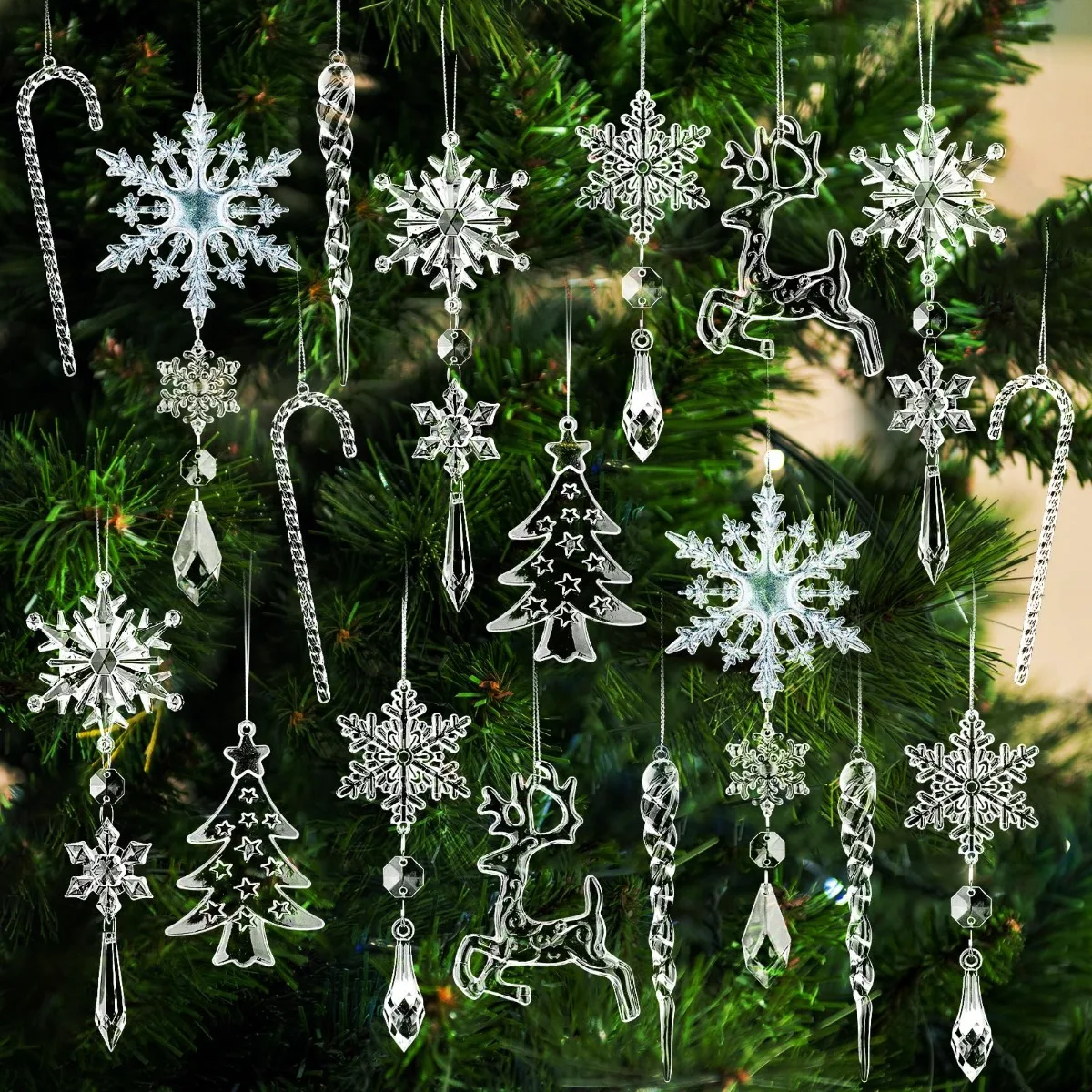 

Christmas Tree Decoration Hanging Acrylic Crystal Christmas Decor Icicle Snowflake Decor XmasTree Ornaments for Party Supplies