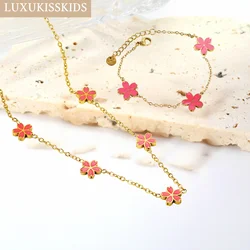 LUXUKISSKIDS Cute Pink Sakura Charms Necklace Bracelet Sets Blossom Flower Steel Exquisite Elegant Accessorie Party Fine Jewelry