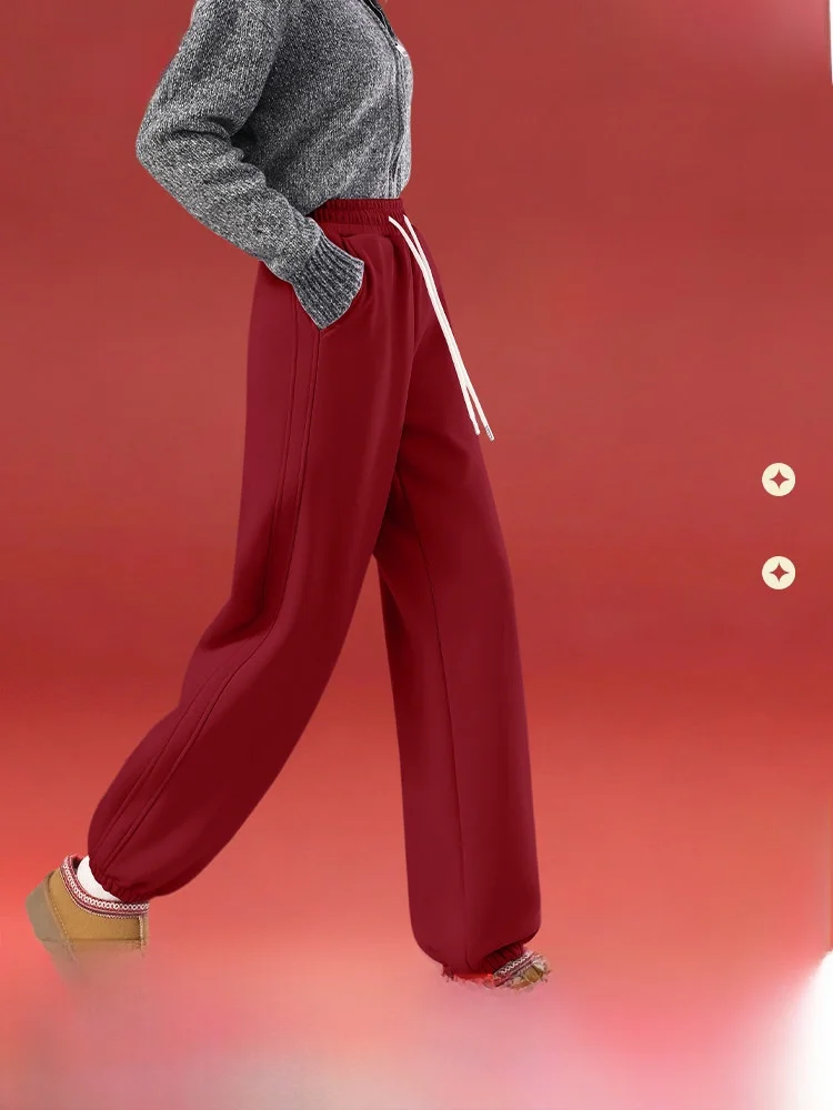 

Утепленные спортивные брюки на флисовой подкладке, женские осенне-зимние повседневные брюки цвета красного вина, брендовые прямые брюки SNOW FLNG