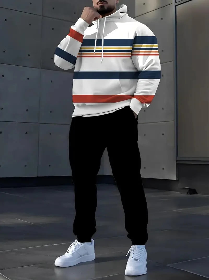 Ensemble de sweat à capuche à rayures pour hommes, survêtement confortable et décontracté, ample, Design Simple, vêtements de rue en plein air, automne hiver
