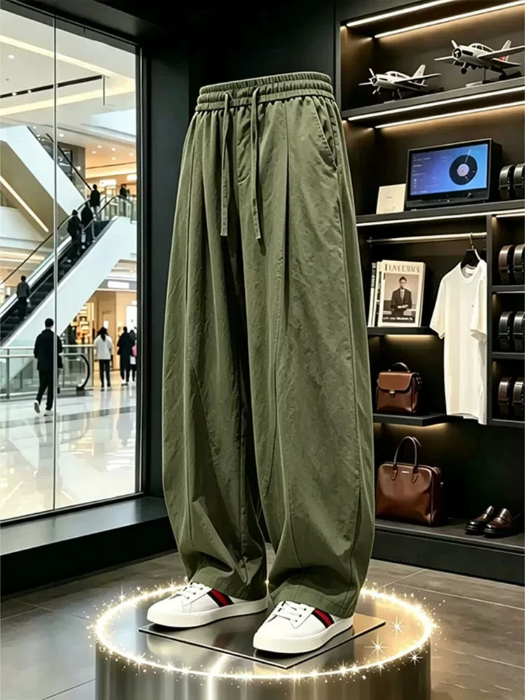 Khaki Cotton Linen Blade Pants Men's Summer Lightweight Breathable Drape Straight Leg Casual Pants Loose Wide Leg Leisure Tro...
