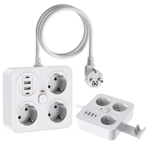 EU 플러그 멀티탭 소켓 2M 연장 코드 – 4개 USB 고속 충전 포트 및 스위치 포함 전원 스트립