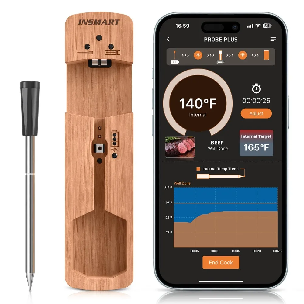 Termometer daging pintar nirkabel, jangkauan Bluetooth 330FT, tahan air 100%, memanggang memasak presisi, Multi sensor