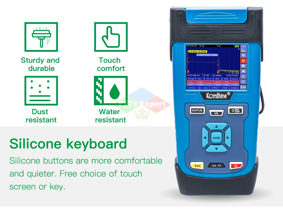 Komshine QX45 OTDR 1310/1550nm QX35 1550nm FTTH Maintance SM Fiber Optic 32/30dB built in 10mw VFL, Inspection Probe is Optional