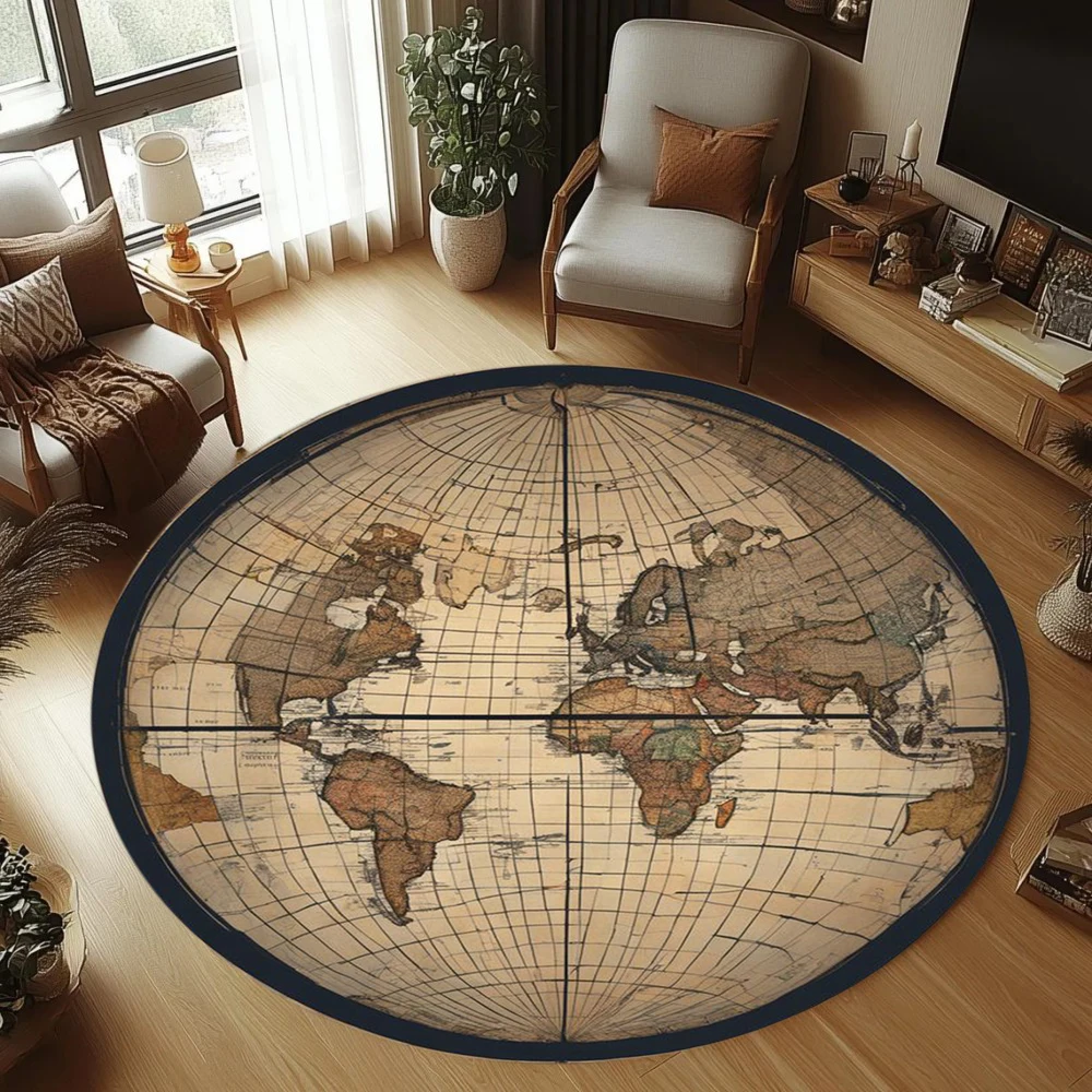 World Map Round Rug for Office, Office Rug, Educational Mat, Learning Rug, Kids Rug, Kids Room Rug, Printed Rug, Playroom Carpet