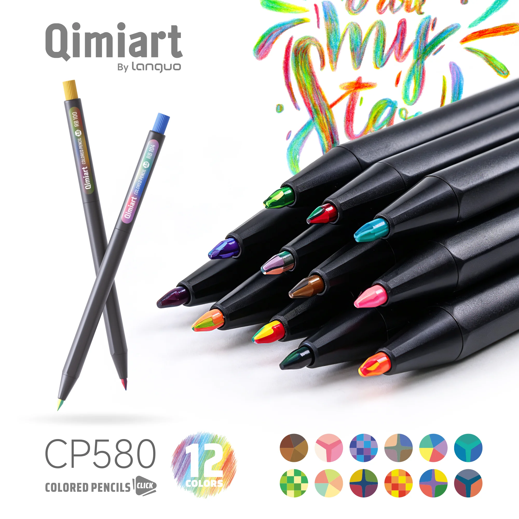Languo 12 Kleuren Intrekbare Kleurpotloodset, 3,0 mm Dikke Oliebasis Potloodstift, voor Handtekenen, Doodling, Journaling