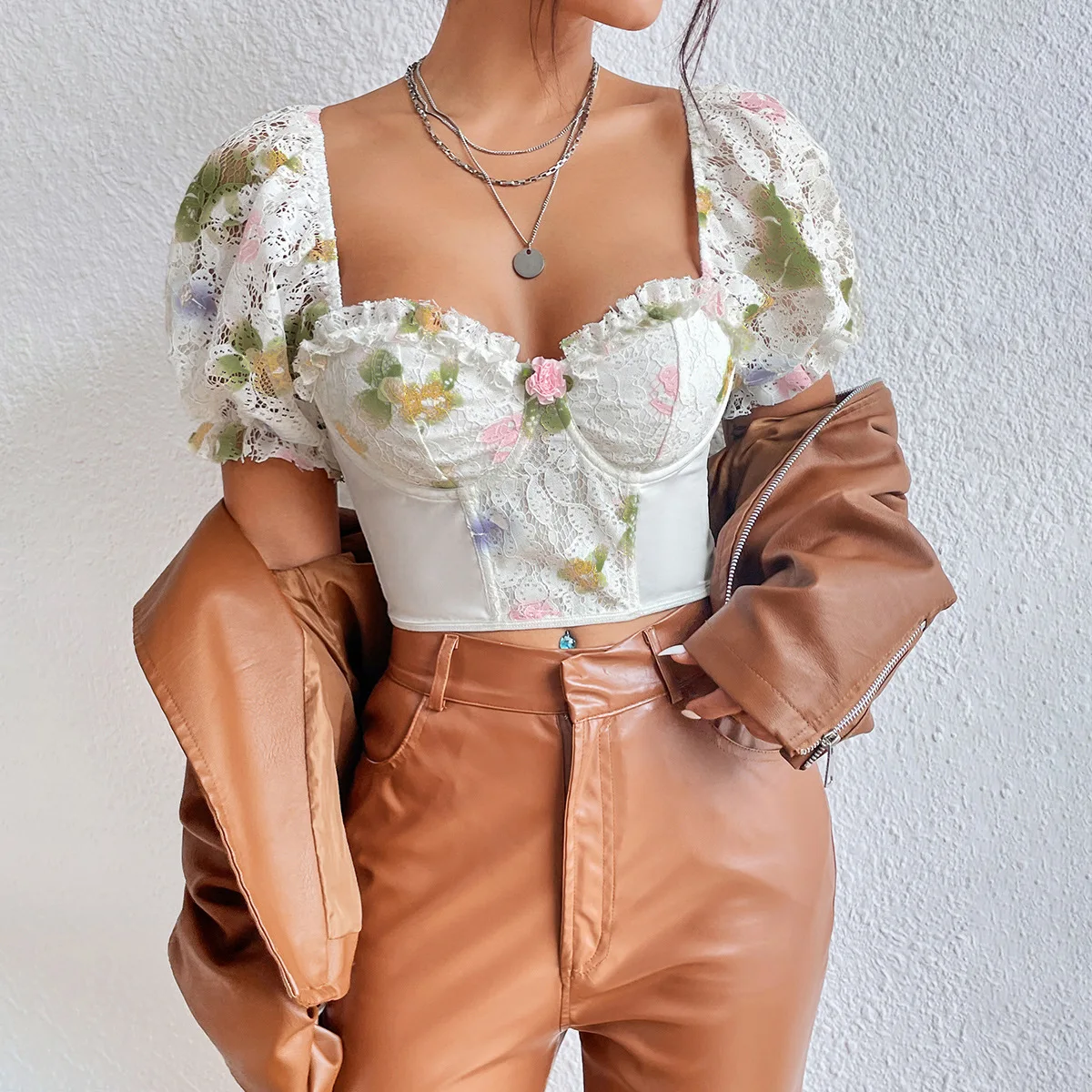 ISAROSE Summer Lace T-shirt for Women Floral Hollow Out Puff Sleeves Stretch Braless Low Cut Crop Tops Casual Backless Clothing