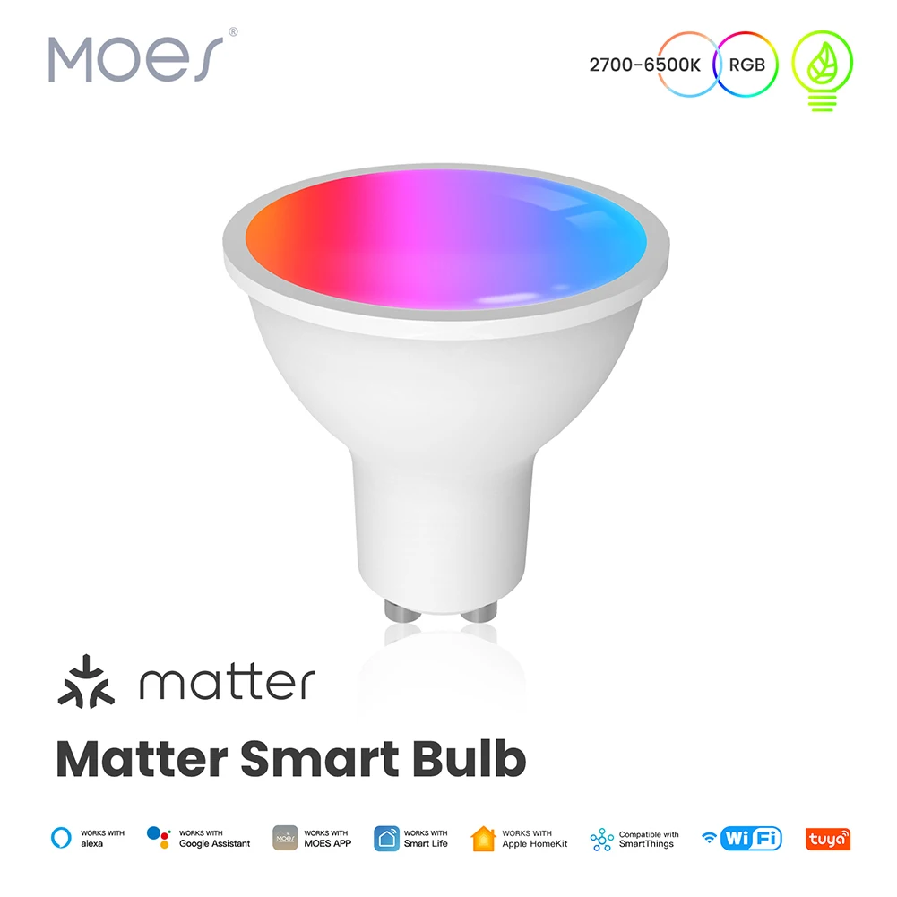 Lâmpada LED Inteligente com Wi-Fi, Lâmpada de Vela GU10, Controle Remoto APP, Compatível com Alexa, Google Home, 16 Milhões de Cores RGB, 4.7W, 400LM