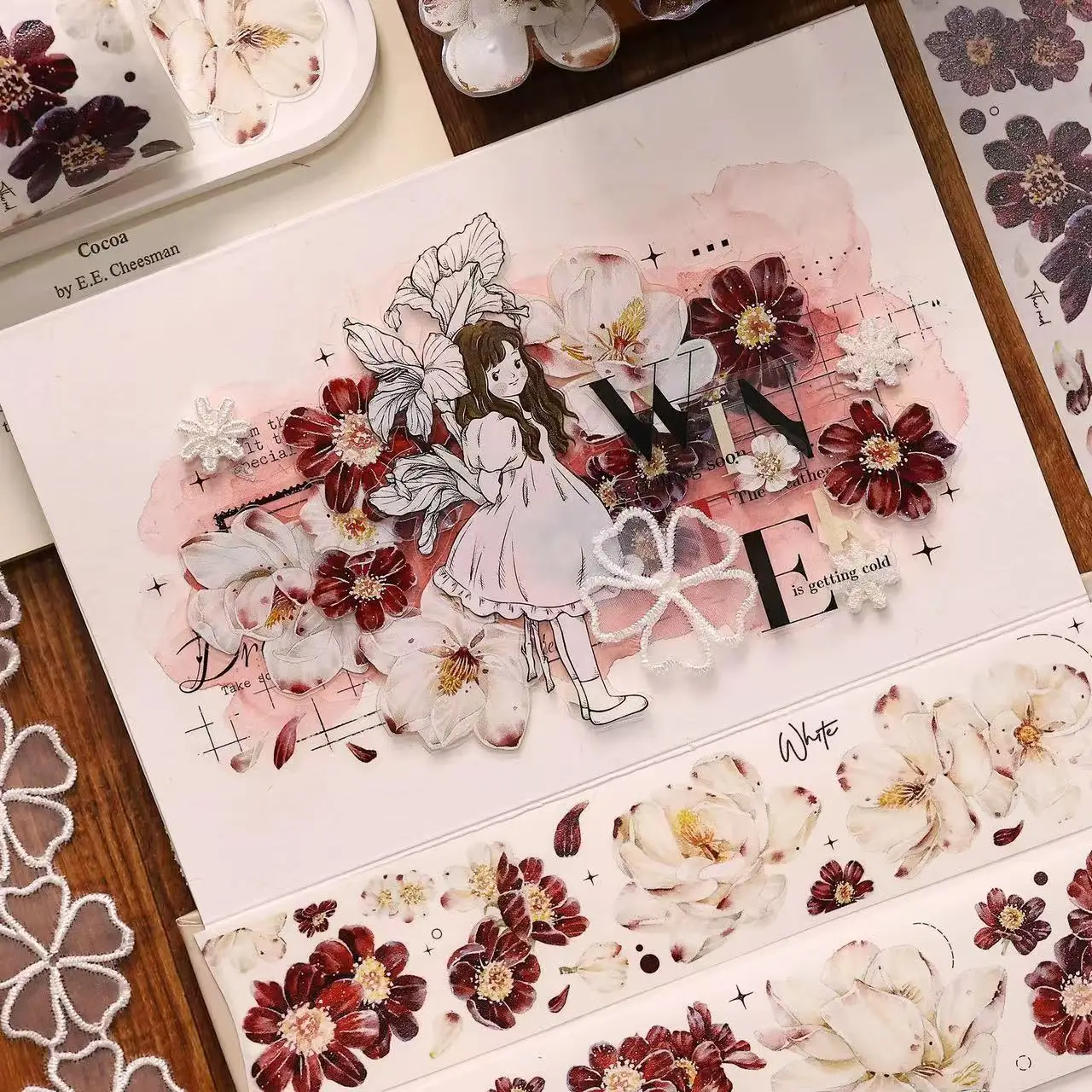 XiaoBaiJia Studio Vintage Red Flower Petal Floral Washi PET Tape DIY Card Making Scrapbooking Decorative Sticker