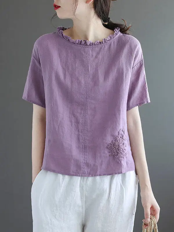 

Ladies' round Neck Short Sleeve Embroidered T-Shirt Loose Fit Summer Style Korean Version plus Size White Top