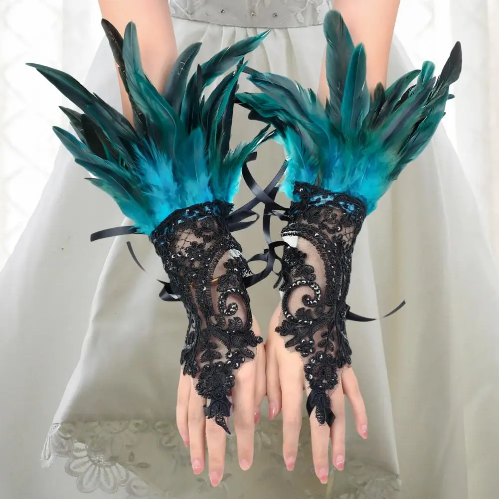 Ribbon Tie Feather Gloves Lace Wrist Cuffs Punk Gothic Gloves Feather Wrist Cuff Carnival Party Stage Show Embroidery Mitten