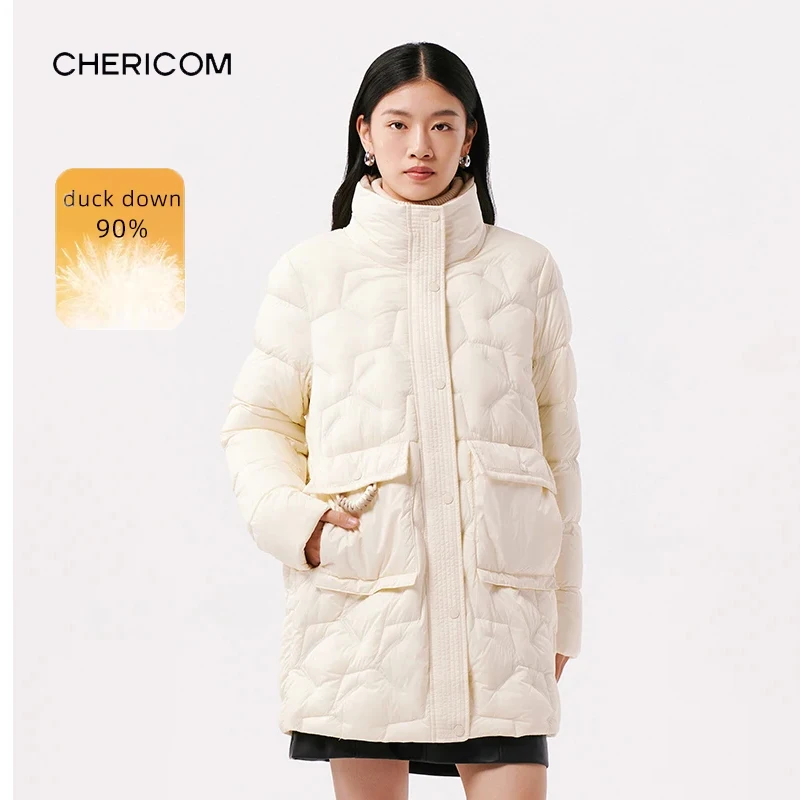 Piumino da donna Chericom Casual Eleganza Colletto rialzato 2025 Nuova silhouette spaziosa Tasche grandi Cappotti leggeri Y299062Y