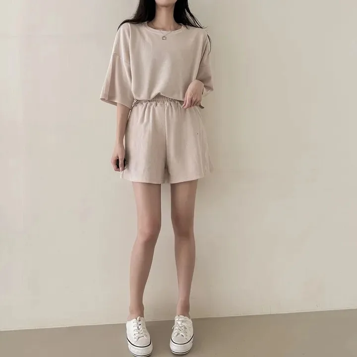 Summer Student Korean Style Loose-fit Tracksuit Solid Color Women Sports Suit Short Sleeveless Cotton Shorts Casual 2 Piece Sets