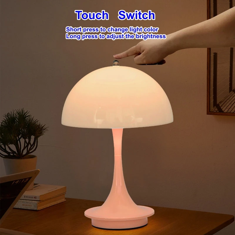 Wireless Small Mushroom LED Table Lamp Portable USB Charging Touch Night Light for Bedside Hotel Bar Coffee Decorative