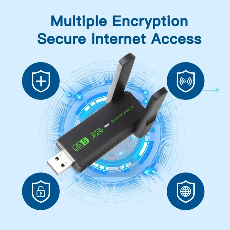 WiFi USB AC650 อะแดปเตอร์ Dual Band ไร้สาย USB2.0 การ์ดเครือข่าย Hot Spot Wi-Fi สําหรับ PC/แล็ปท็อปสําหรับ Win7/10/11 ไดร์เวอร์ฟรี