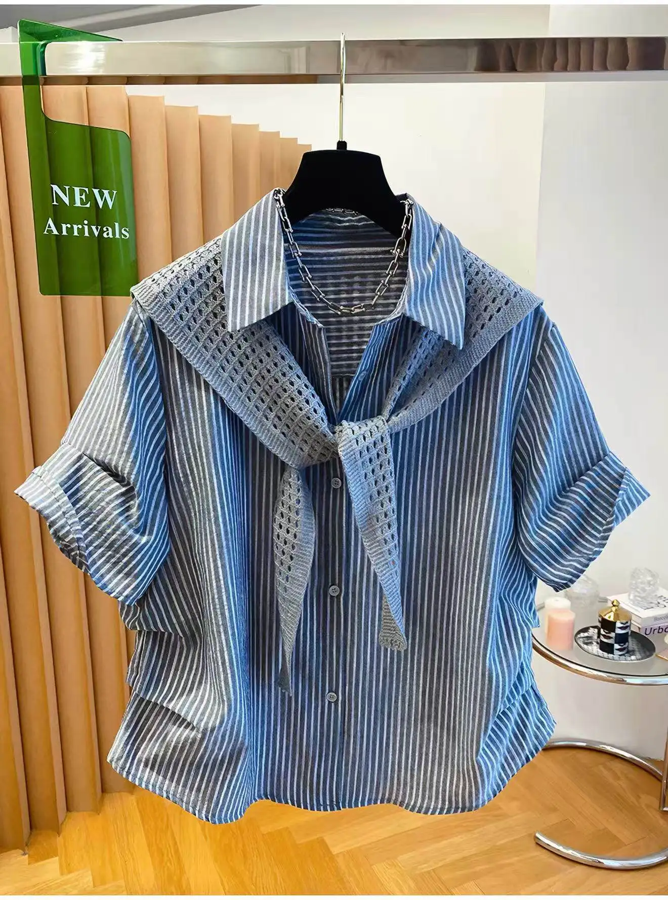 

Striped Short Sleeve Shirt With Knitted Shawl Two Piece Set Women Summer New Chic Design Casual Blouse Top