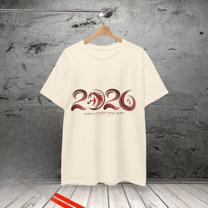 سنة الحصان 2026 للجنسين قميص السنة القمرية الجديدة الصينية زودياك رسائل بسيطة مطبوعة القطن قمم تي شيرت Crewneck موضة تيز #5