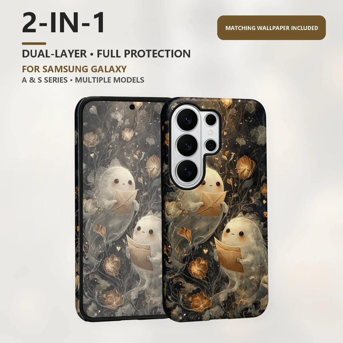 Cute Ghost Holding Letter 2-in-1 Dual-Layer Phone Case for Samsung Galaxy S26 S25 S24 Plus Ultra FE S20 FE A56 A17 A16 A15