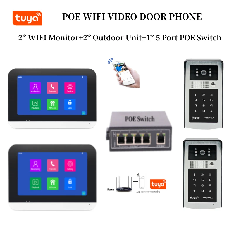 

Tuya Smart APP 7 Inch WIFI POE IP Video Intercom Door Phone System POE Switch Password RFID Audio Doorbell Camera Monitor Kit