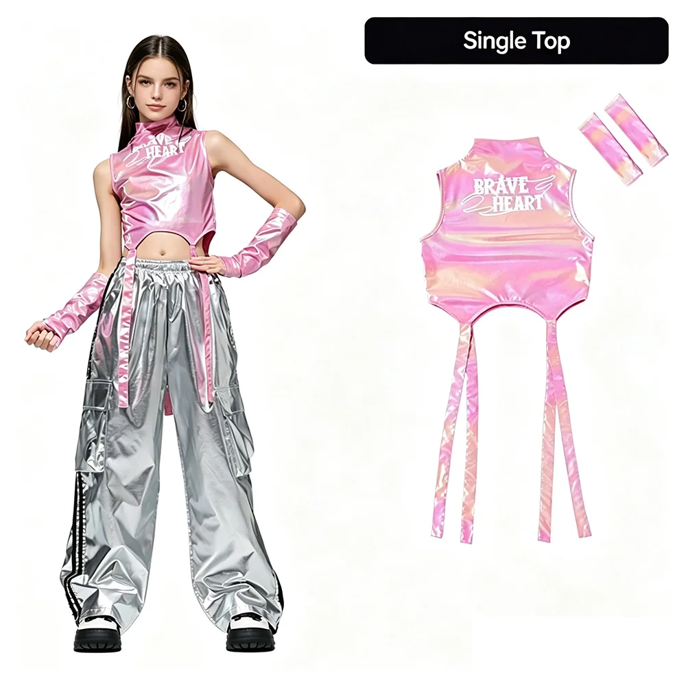 Kids Girls Pink Metallic Sleeveless Jazz Dance Costume Tassel Sequin Decor Silver Loose Hip Hop Performance Pants