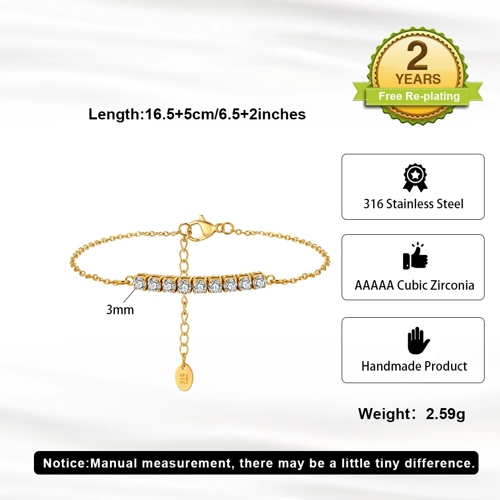 KISS MANDY 316 Stainless Steel AAA Zircon CZ Classic Tennis Bracelet for Women Chain Bracelet Party Jewelry Waterproof HTKB01