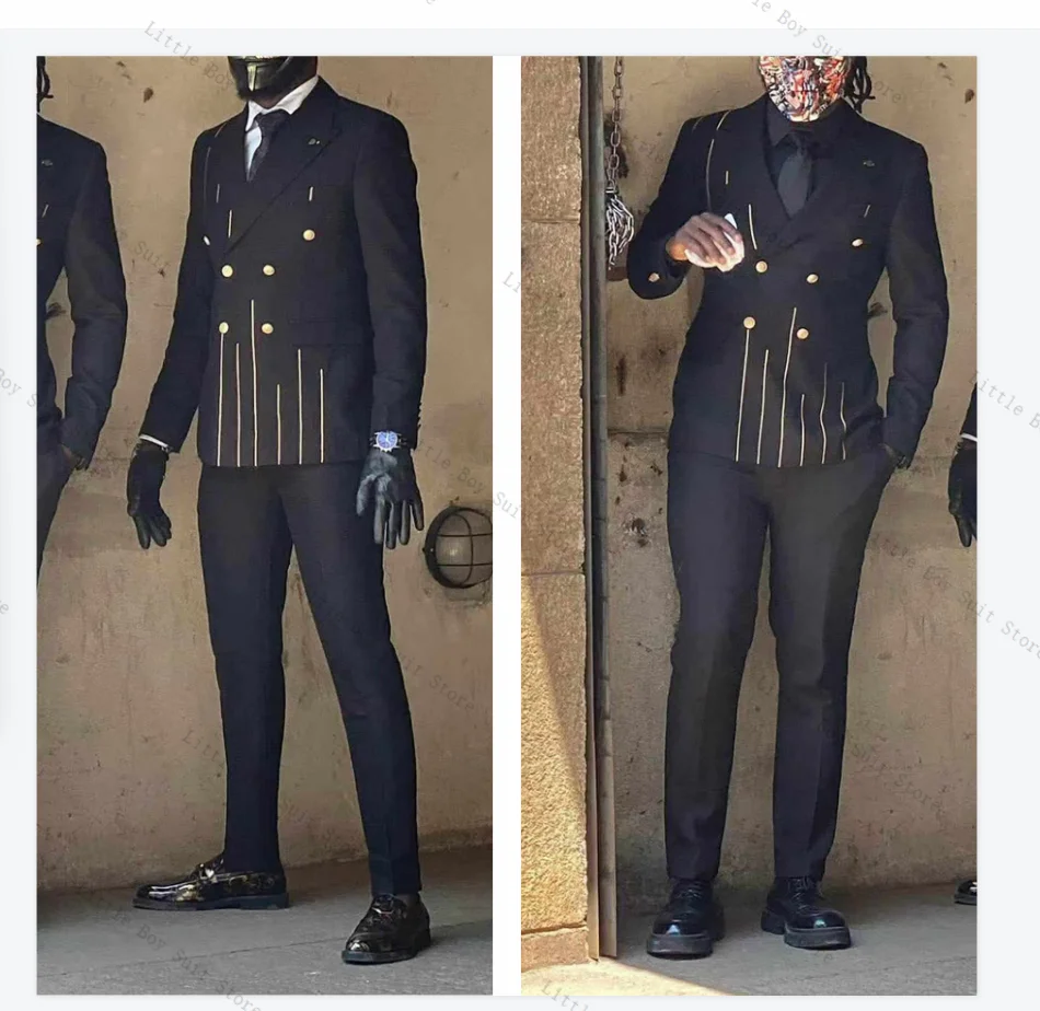 

Black Men Suit Set 2 Piece Wedding Tuxedo Jacket Blazer Pant Stripe Cotton Formal Office Business Party Coat Customized