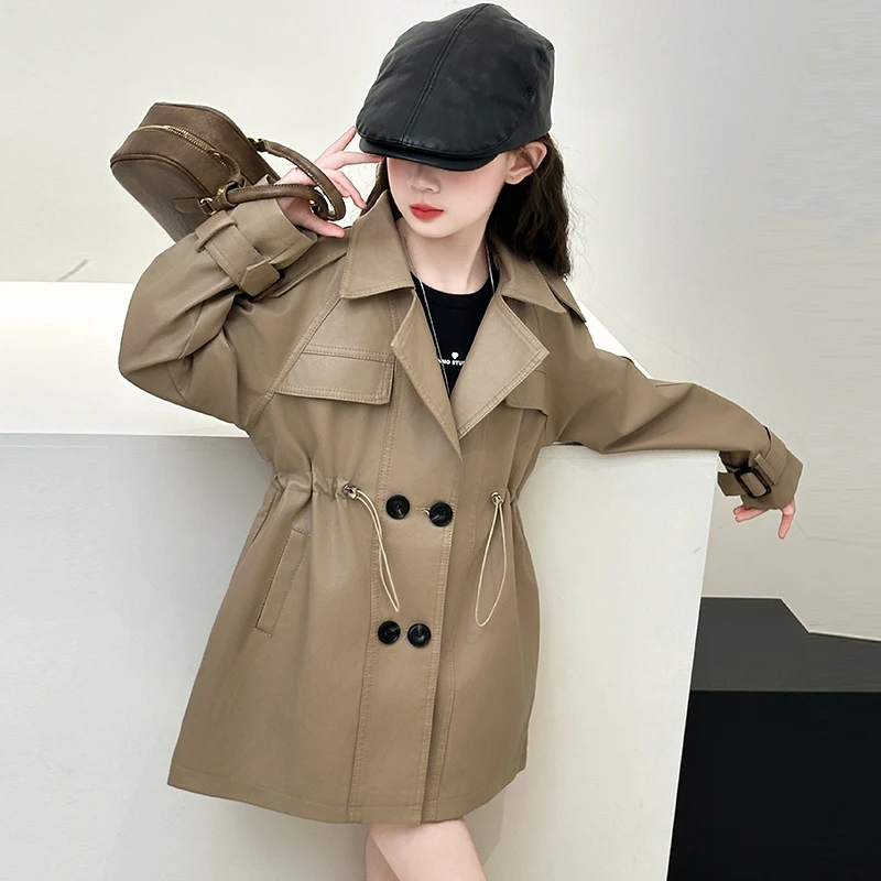 autumn design Khaki teen girls Double breasted PU windbreaker junior kids trench Coat Motorcycle Leather Jacket Child Clothes