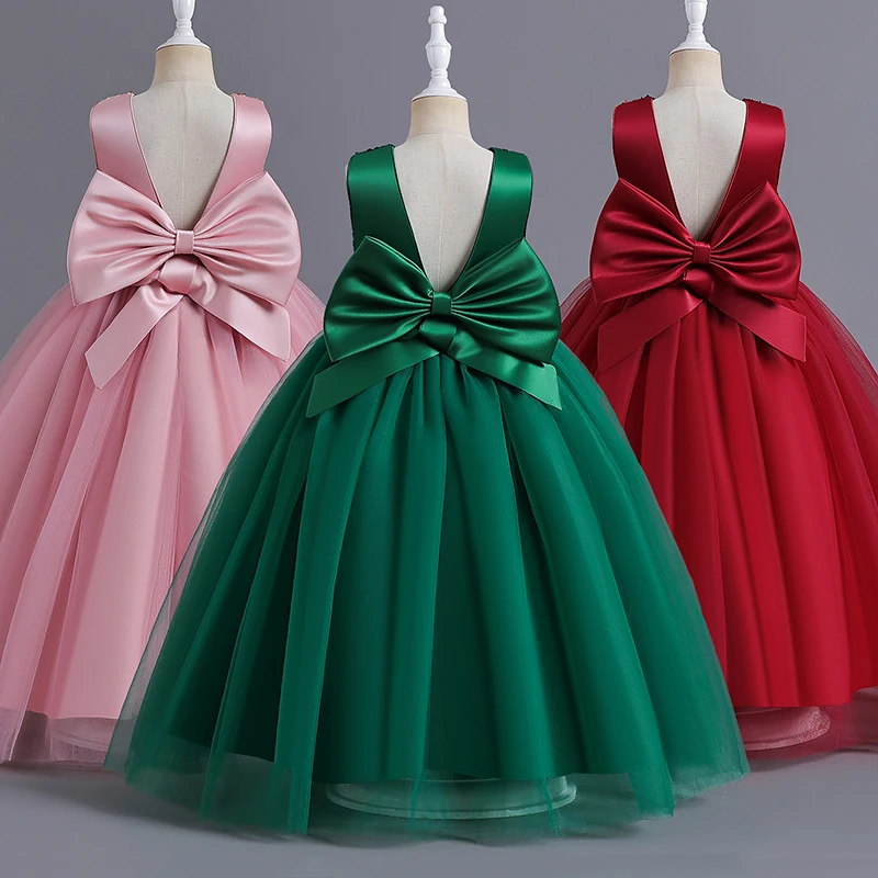 Girl Red/Green Christmas Long Princess Dresses Big Bow Wedding Prom Gown Kids Formal Birhtday Evening Party Vestidos 5-14 Years