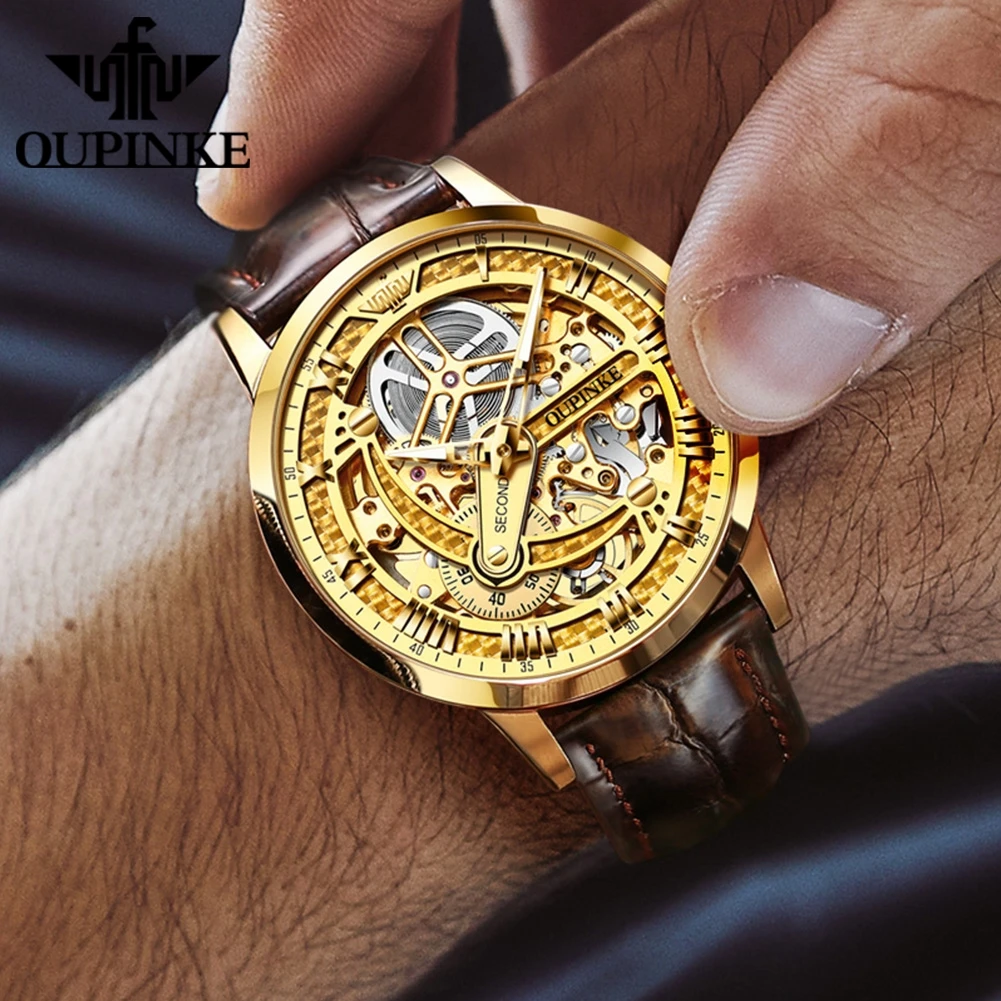 OUPINKE 3173（Special Offer）Gold Watch for Men Skeleton Hollow Crystal Mirror 50M Waterproof Automatic Mechanical Watch Man