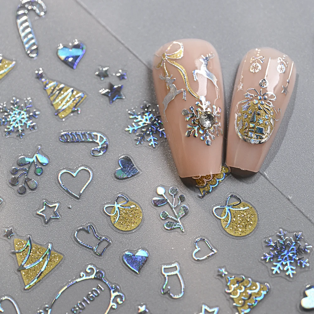 12Pcs 3D Glitter Weihnachten Schneeflocken Glocke Elch Nagel Aufkleber Laser Silber Weihnachten Baum Nagel Aufkleber Klebstoff Winter Nägel Dekoration