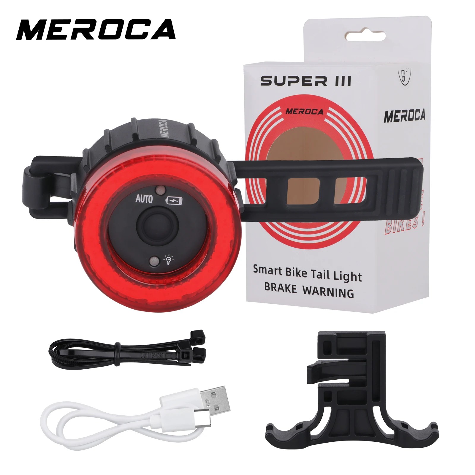 MEROCA Bicycle Rear Light USB Charging High Visibility Multifunction Flashing With Brake Sensor Tail Light MTB Road Bike Lamps