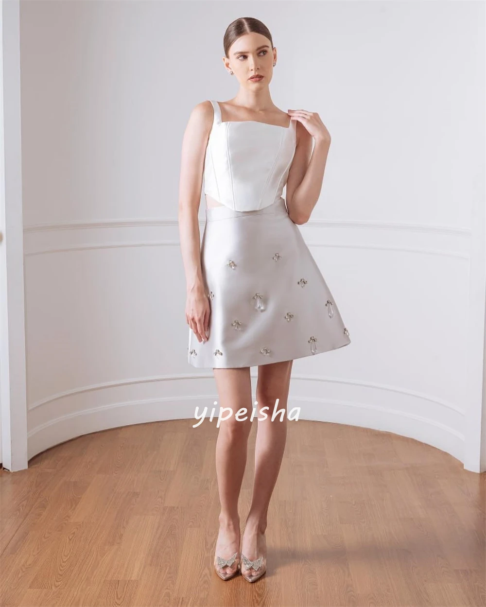 Customized Elegant Satin Sequined Rhinestone Column Square Neck Mini Dresses Celebrity Dresses Exquisite Modern Style High Quali