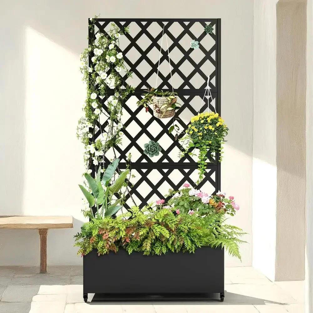Elevated Metal Garden Bed with Diamond Lattice, Outdoor Planter for Climbing Plants, Vegetables, Galvanized with Drainage and Wh