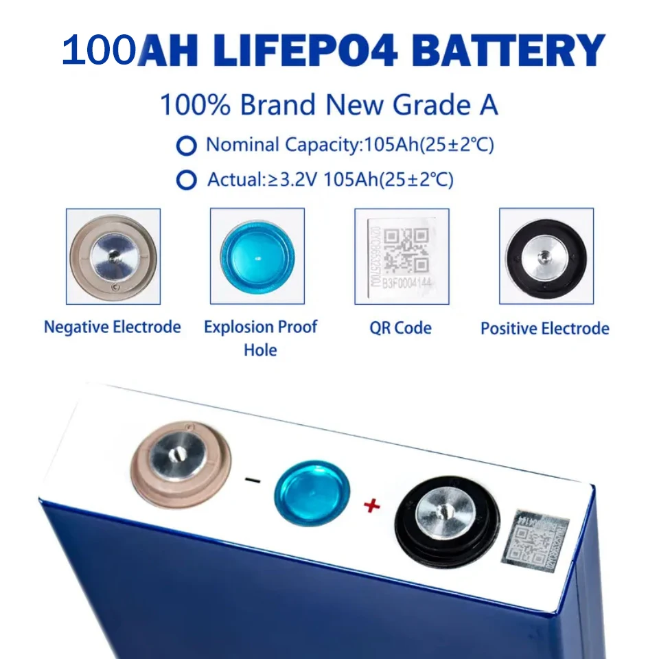 3.2V 100Ah LiFePO4 Battery Cell with QR Code Grade-A 6000+ Cycles Full Capaticy DIY 12V 24V 48V LiFePO4 Battery with Studs