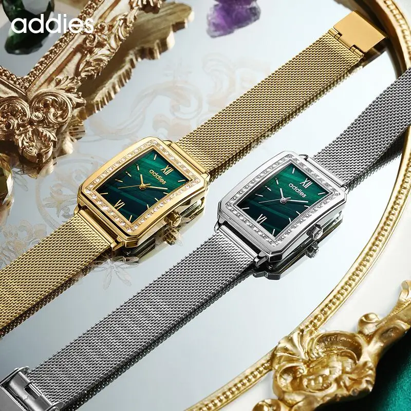 ADDIES Women Watches Ladies Luxury Brand Rose Gold Stainless Steel Green Crystal Bracelet Quartz Wrist Watch Relogio Feminino